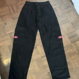 Patched detailed flap Pocket wide leg jeans